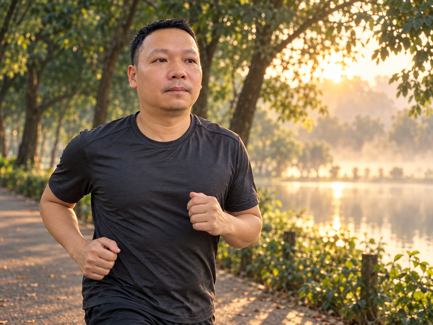 Lê Quang Ninh chạy bộ bên hồ vào buổi sáng